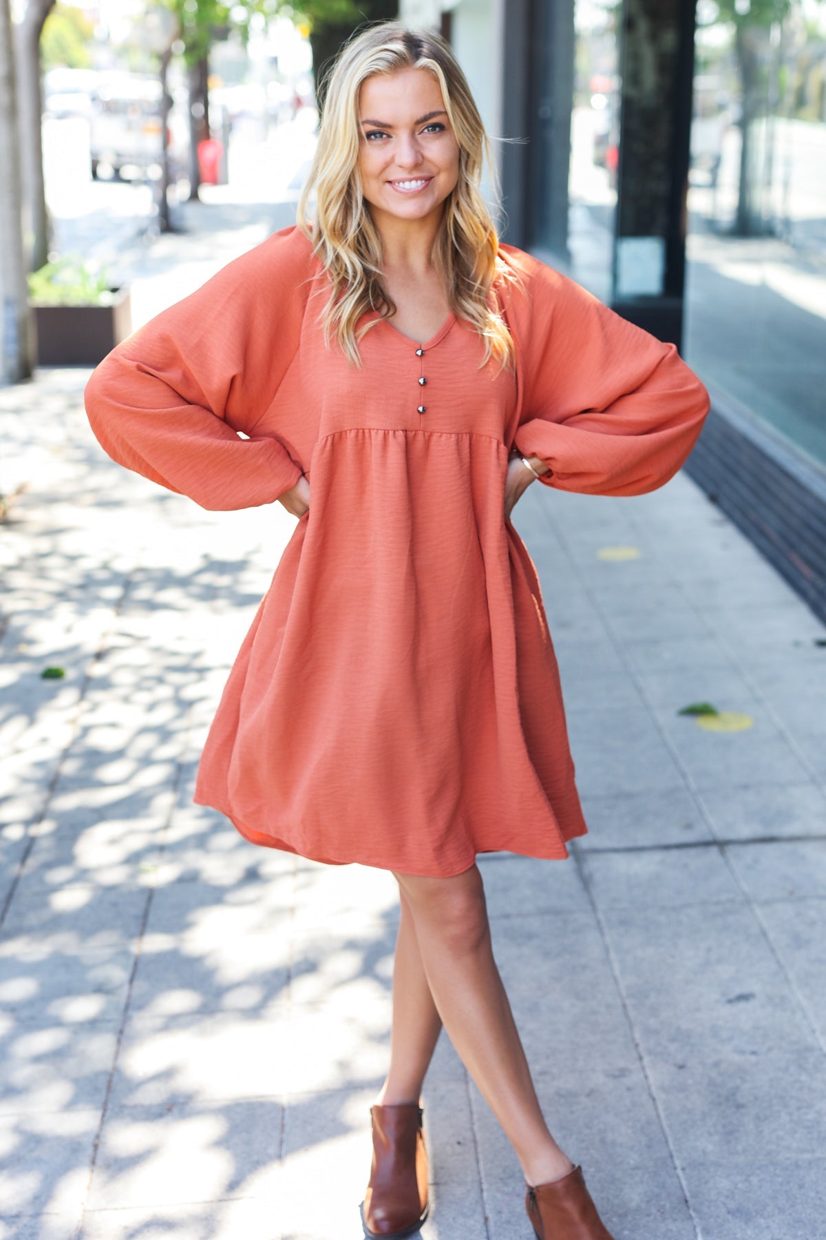 Beautiful You Waffle Babydoll Dress | Pumpkin