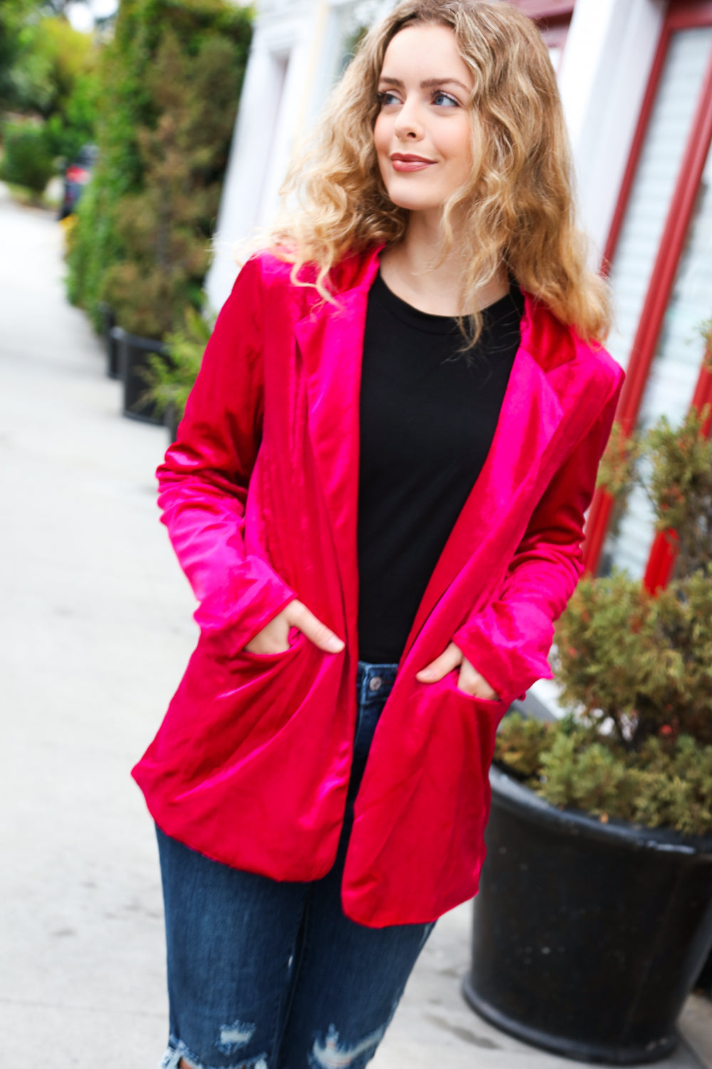 Dazzling Magenta Velvet Lapel Blazer