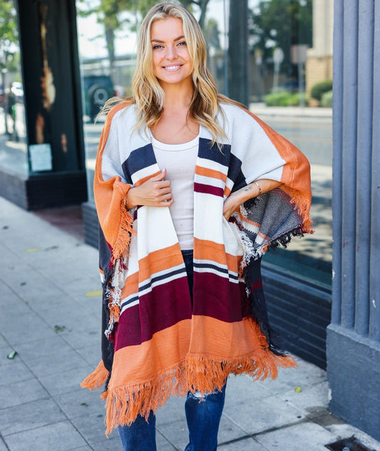 Follow Me Striped Fringe Poncho