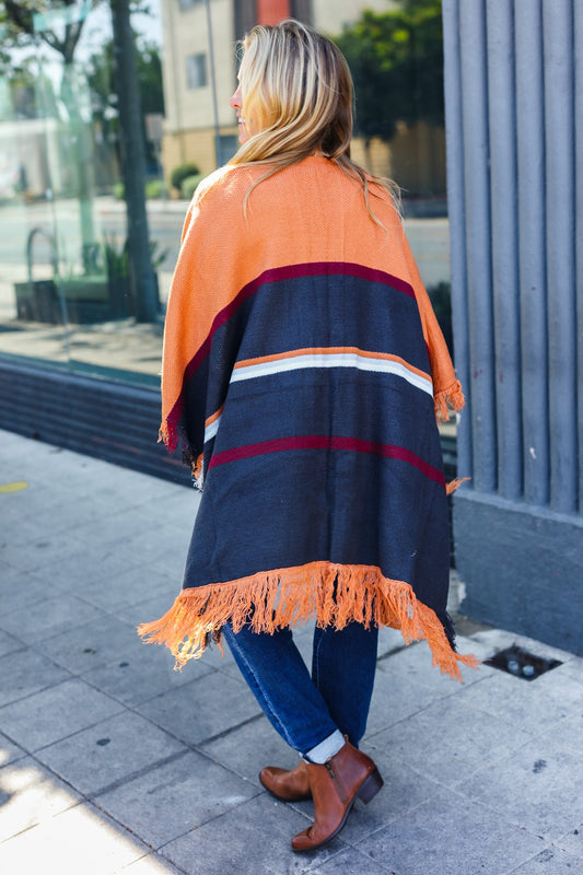 Follow Me Striped Fringe Poncho