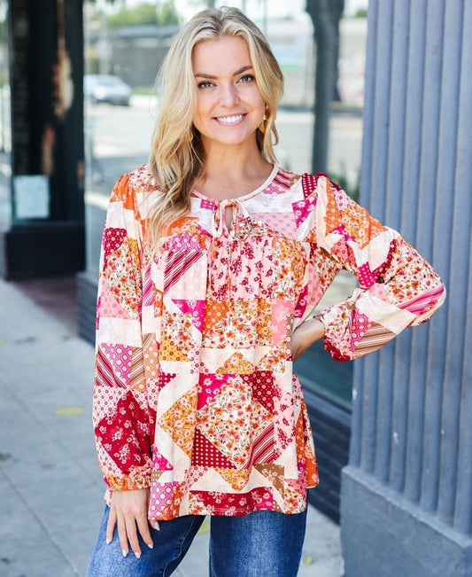 Patchwork Front Tie Boho Top