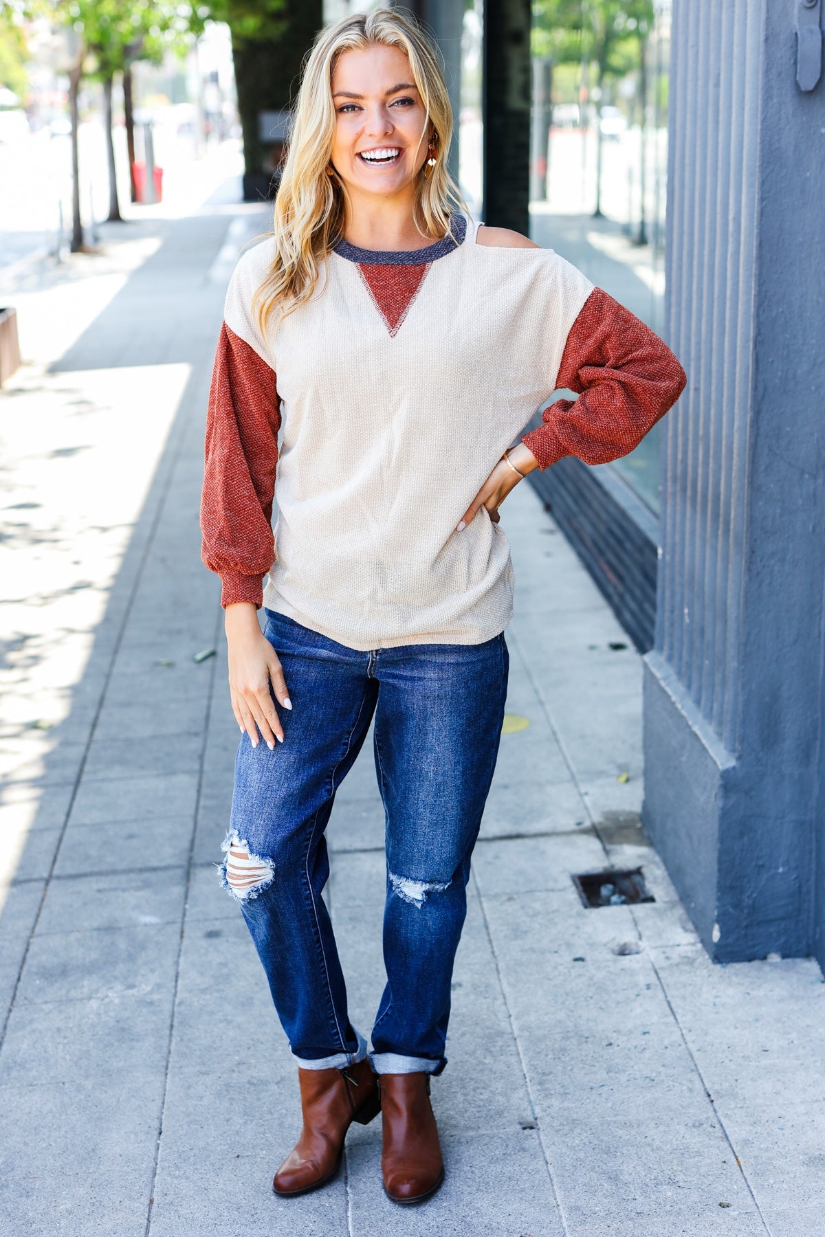 Oatmeal Cold-Shoulder Sweater