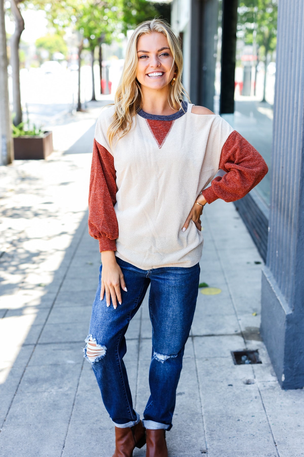 Oatmeal Cold-Shoulder Sweater