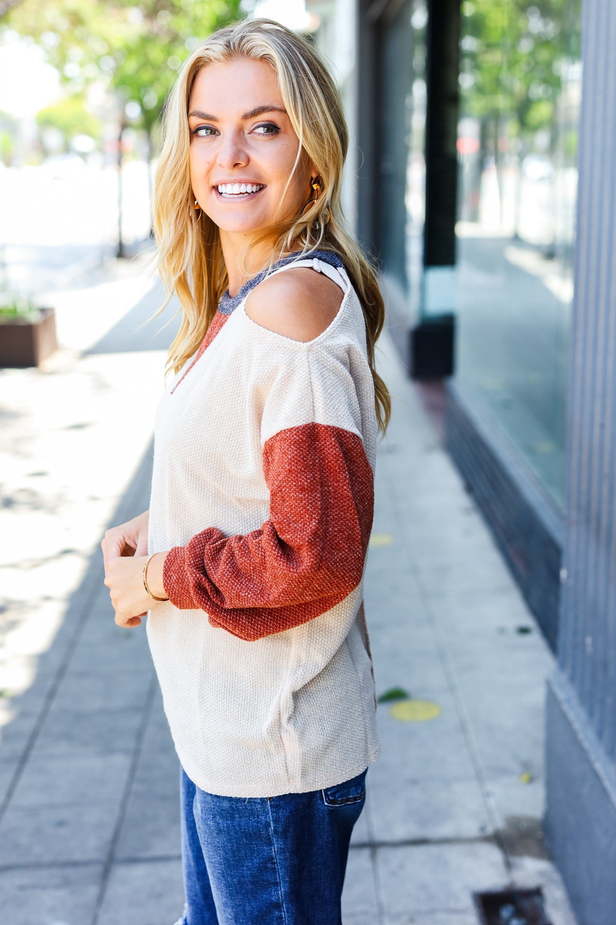 Oatmeal Cold-Shoulder Sweater