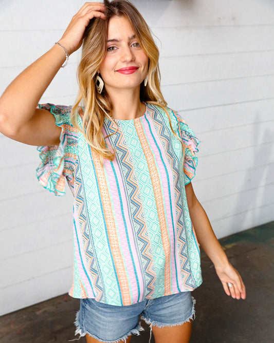 Boho Striped Smocked Ruffle Frill Sleeve Top