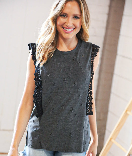 Charcoal Distressed Sleeveless Crochet Lace Top