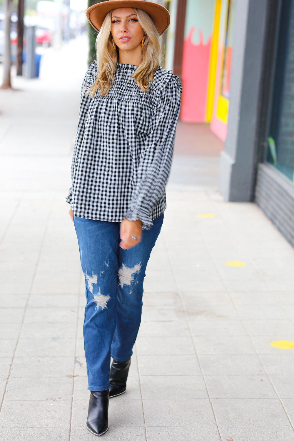 Gingham Shirred Frilled Top