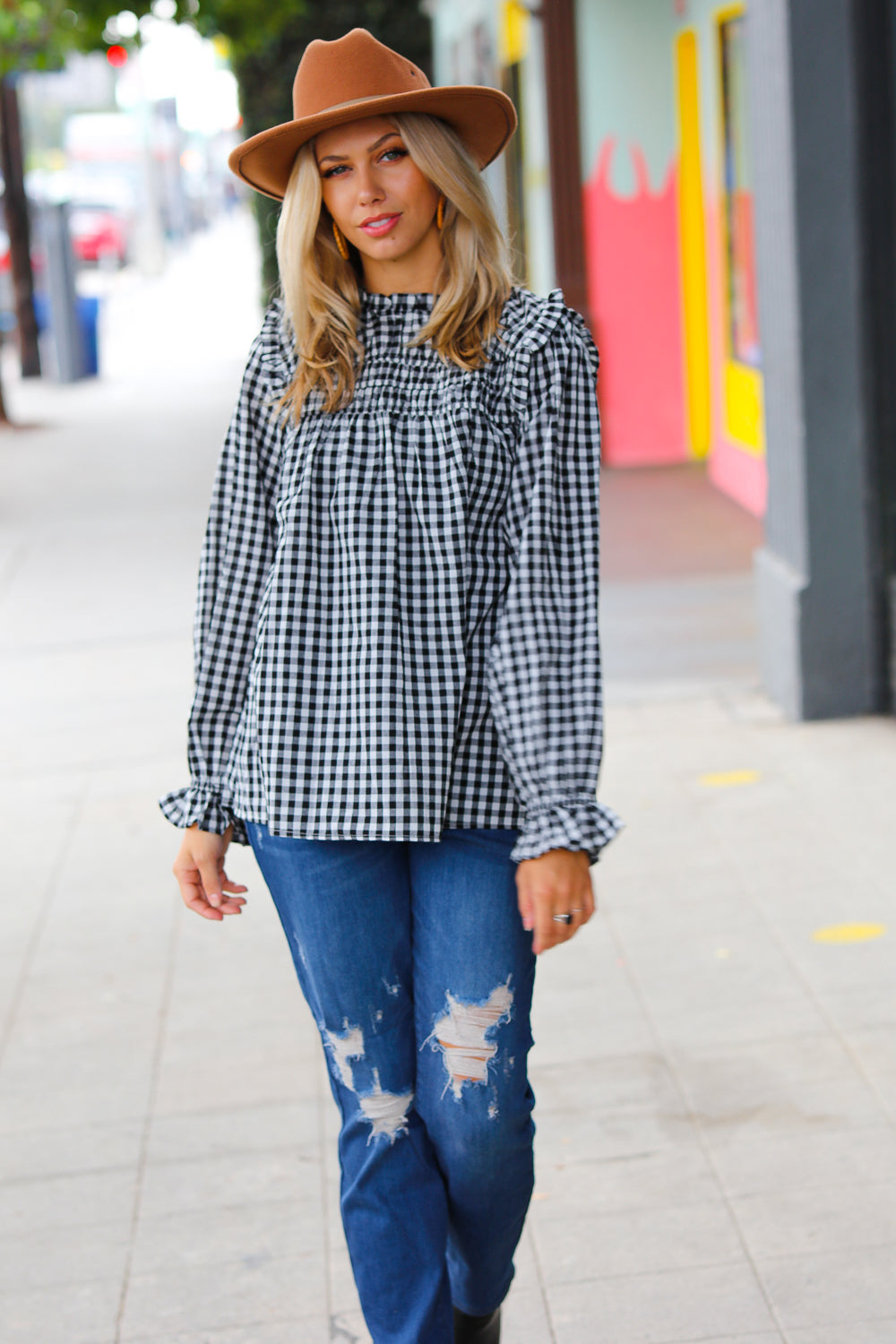 Gingham Shirred Frilled Top