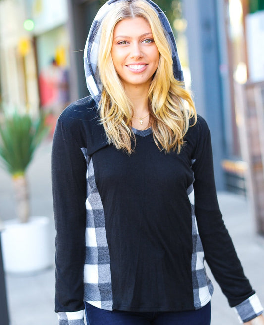 Adorable In Black Plaid Hacci Knit Hoodie