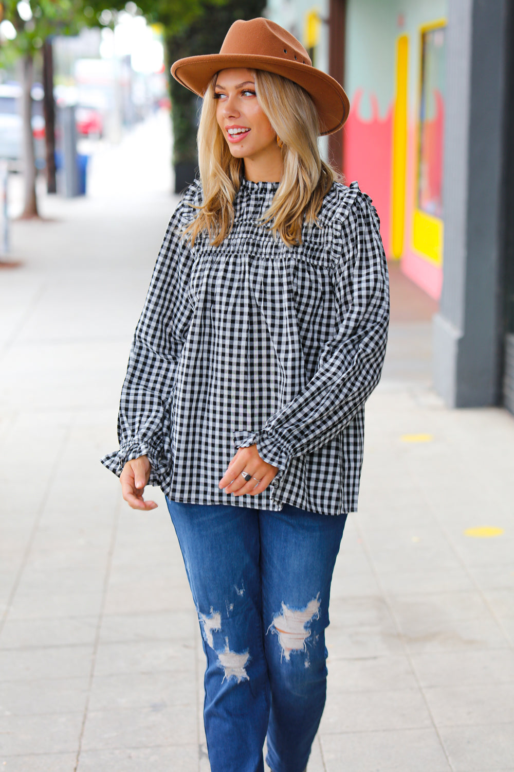 Gingham Shirred Frilled Top