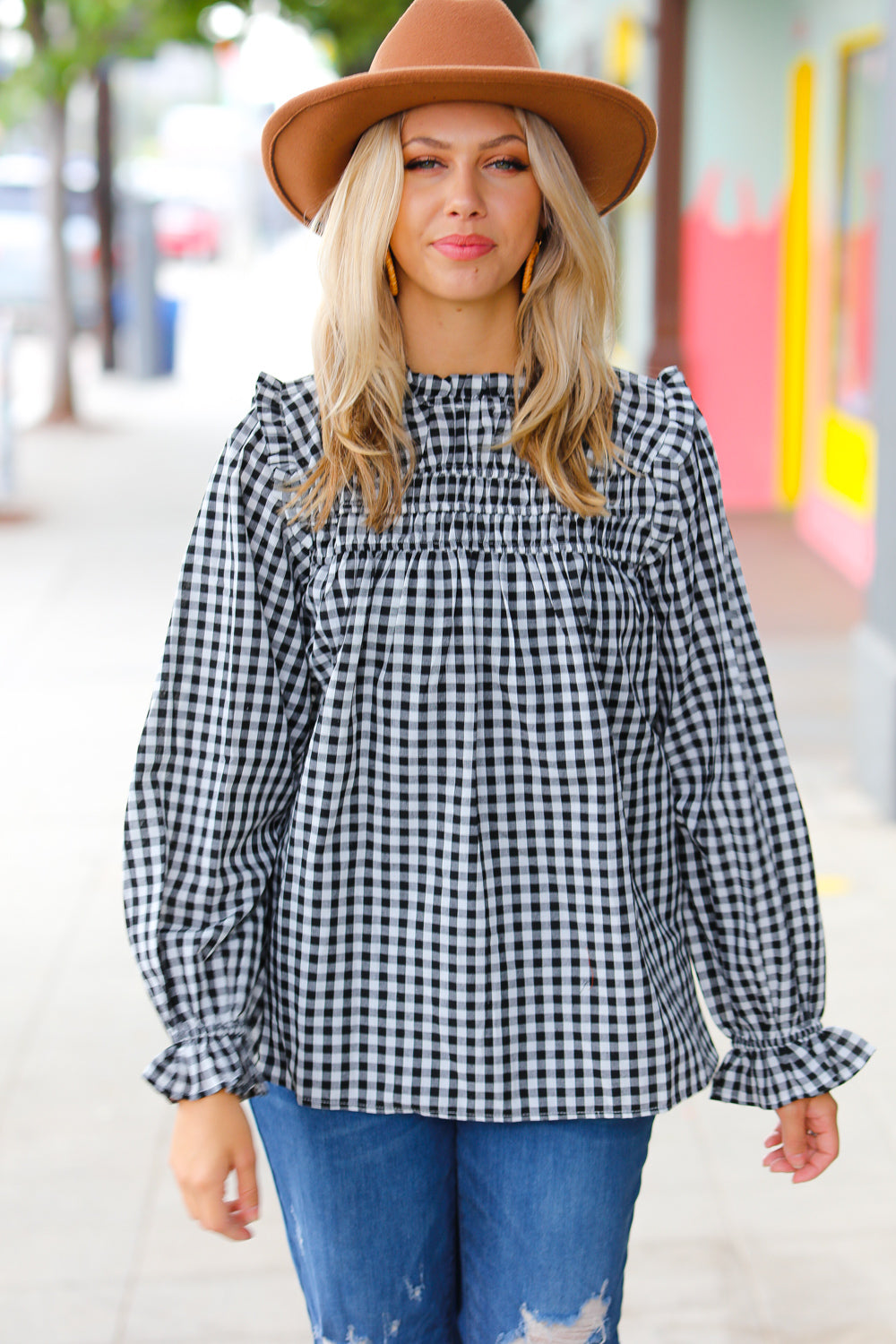 Gingham Shirred Frilled Top