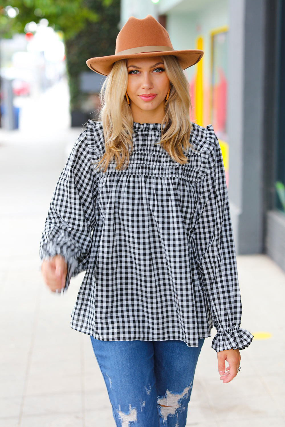 Gingham Shirred Frilled Top