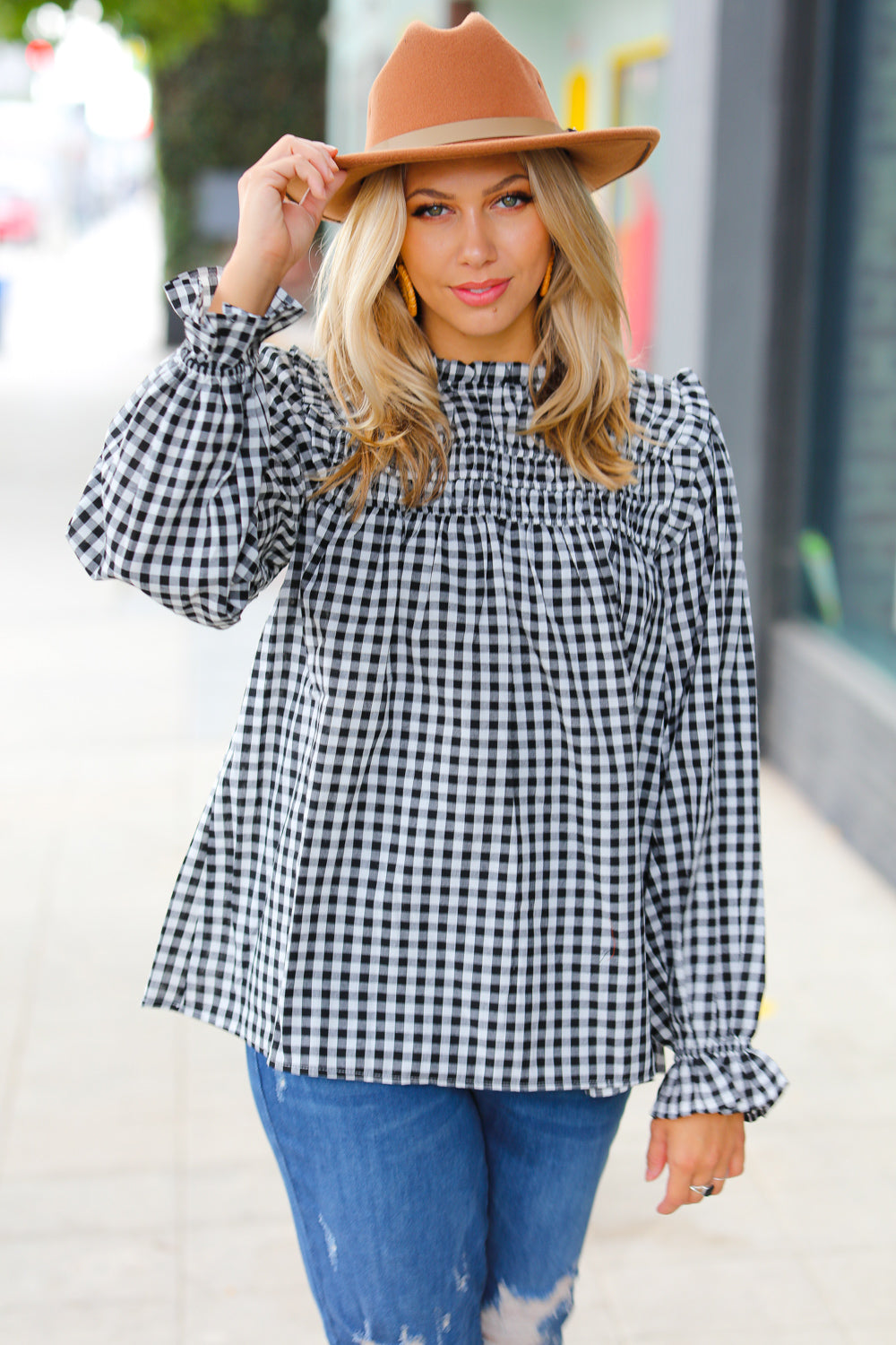 Gingham Shirred Frilled Top