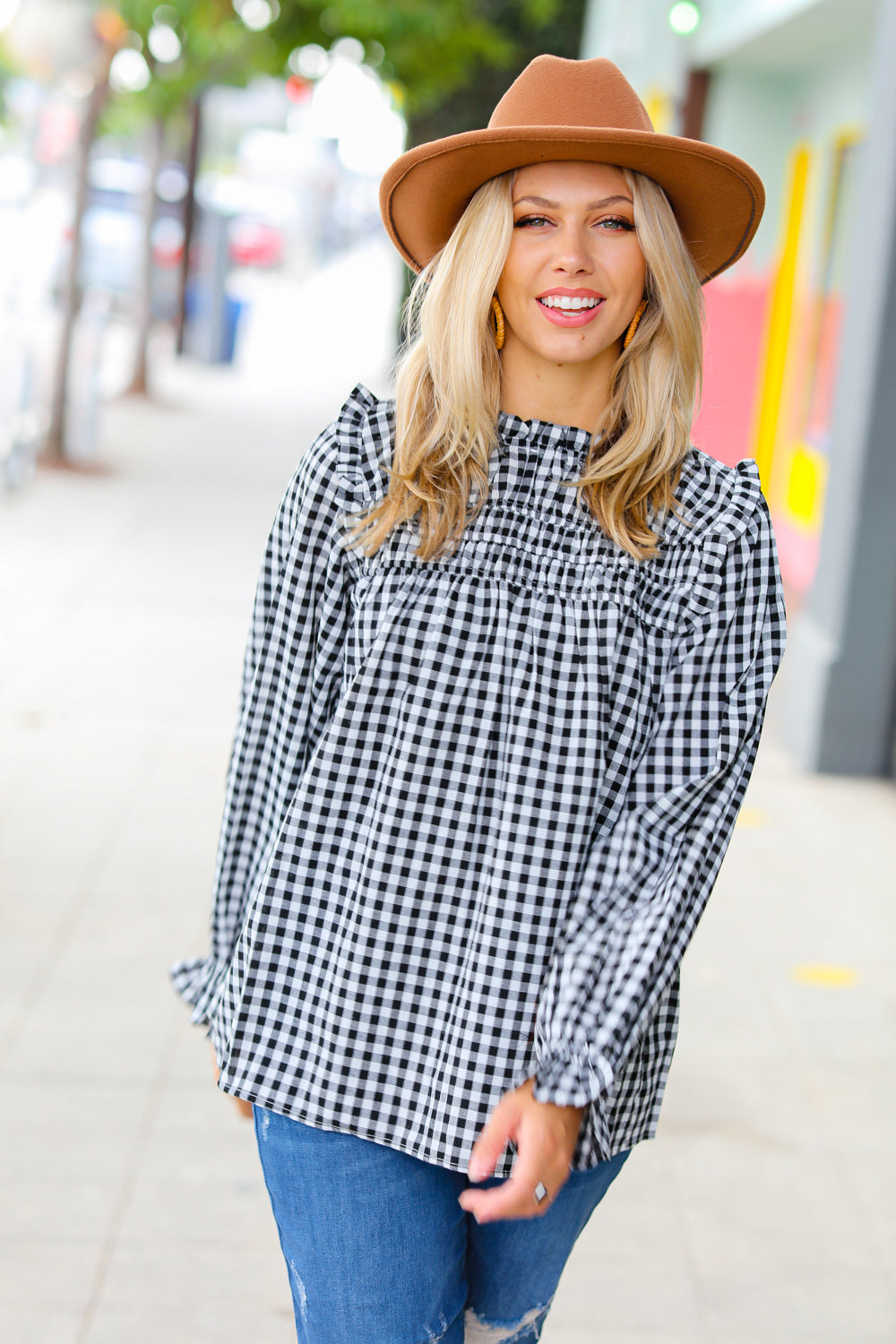 Gingham Shirred Frilled Top