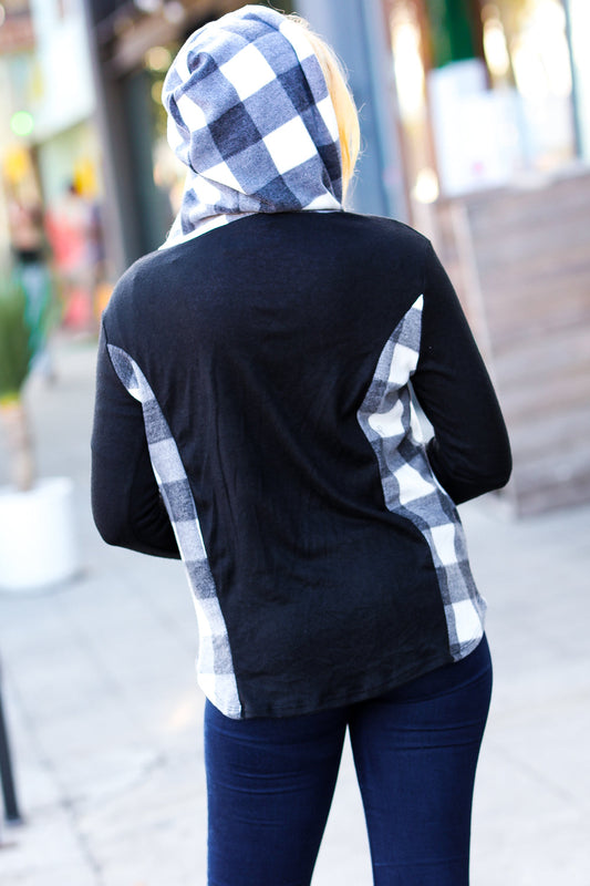 Adorable In Black Plaid Hacci Knit Hoodie