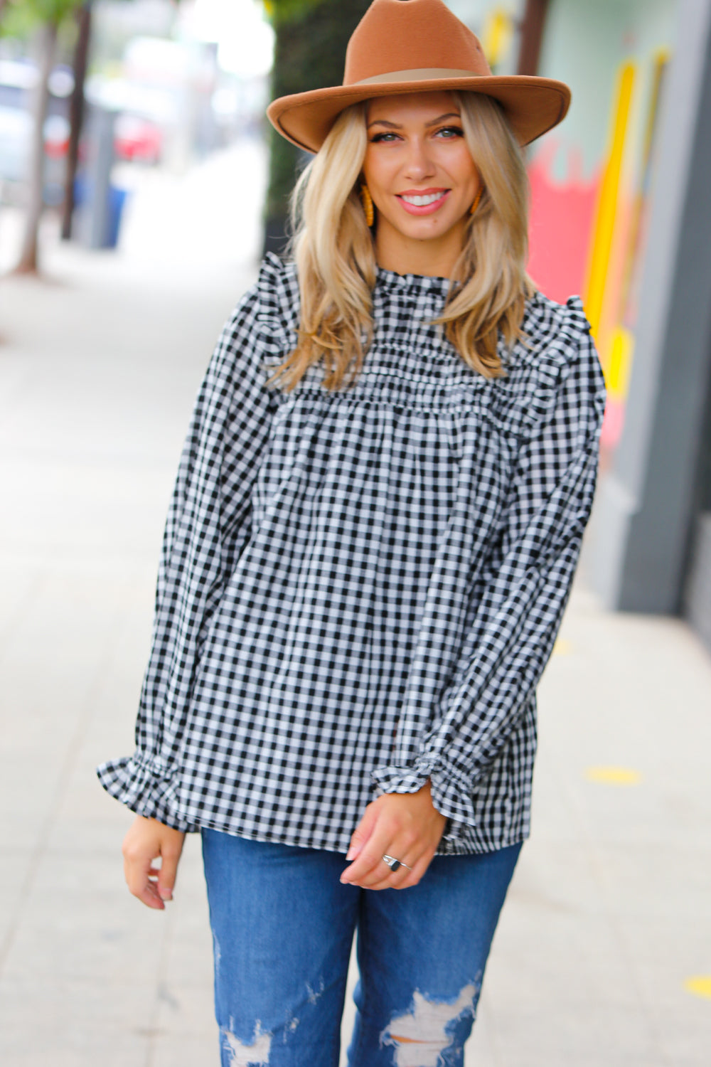 Gingham Shirred Frilled Top