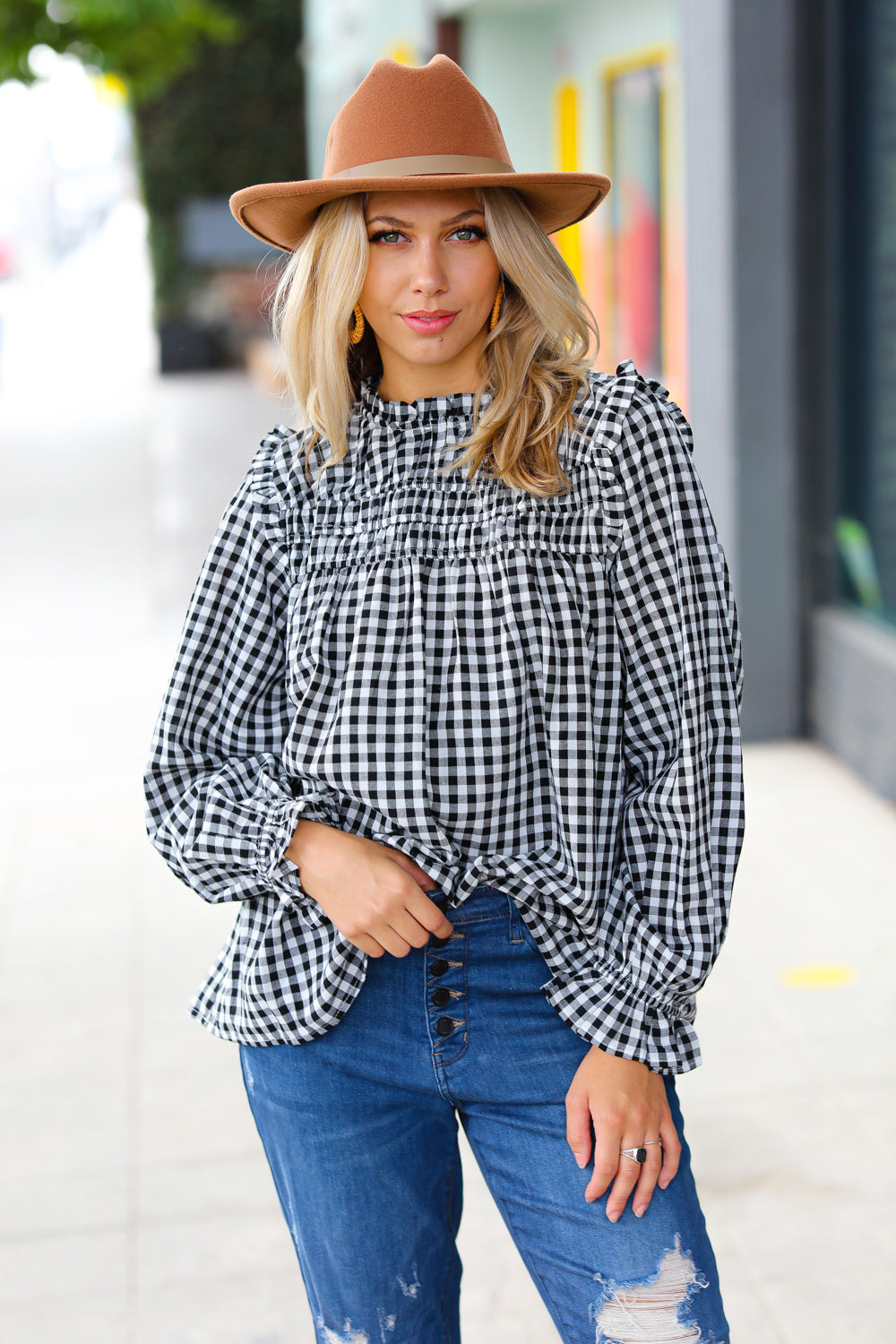 Gingham Shirred Frilled Top