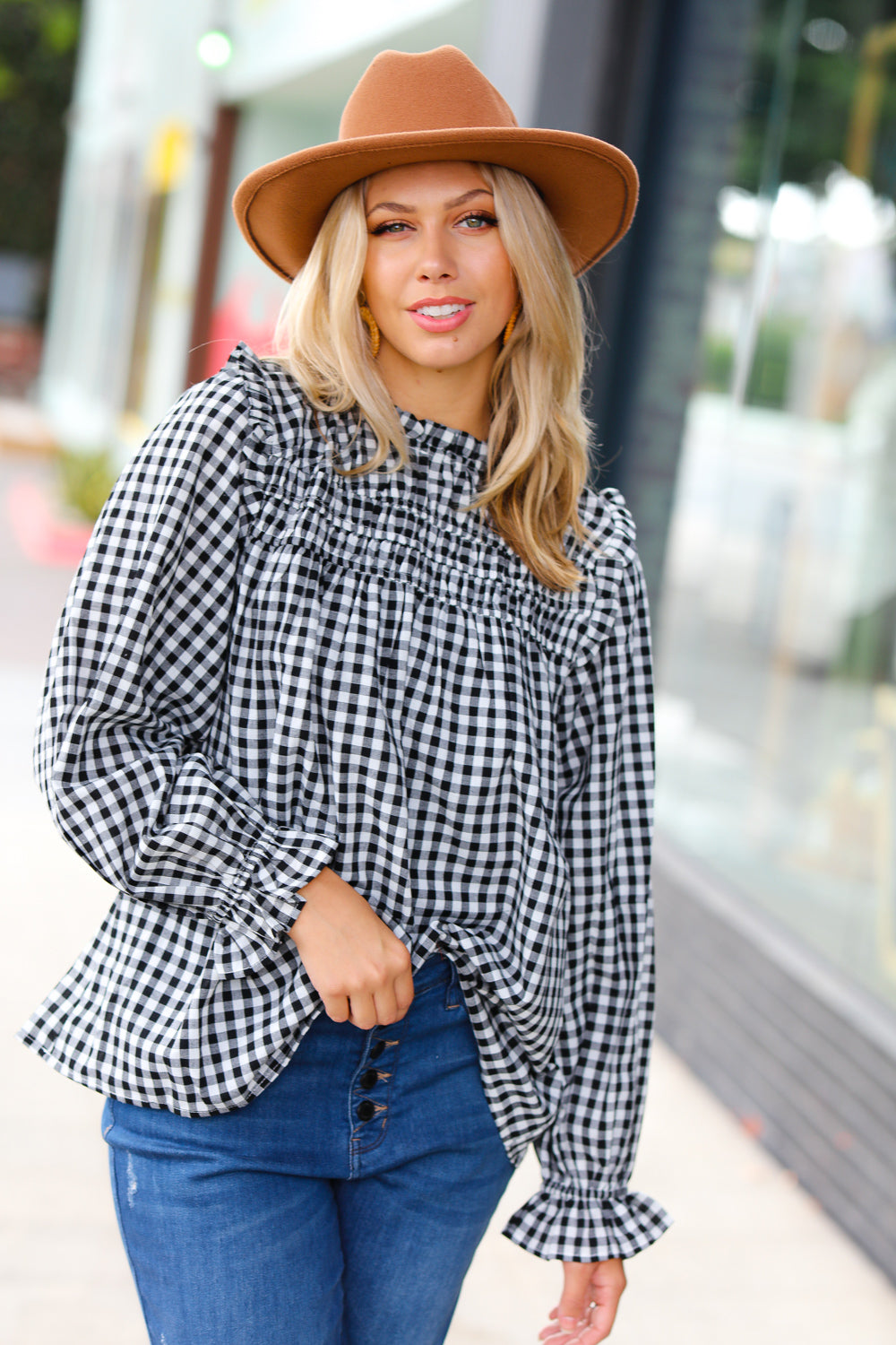 Gingham Shirred Frilled Top