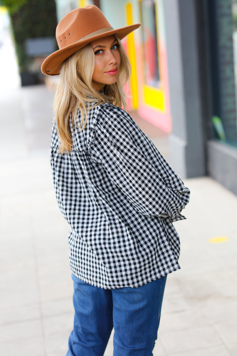 Gingham Shirred Frilled Top