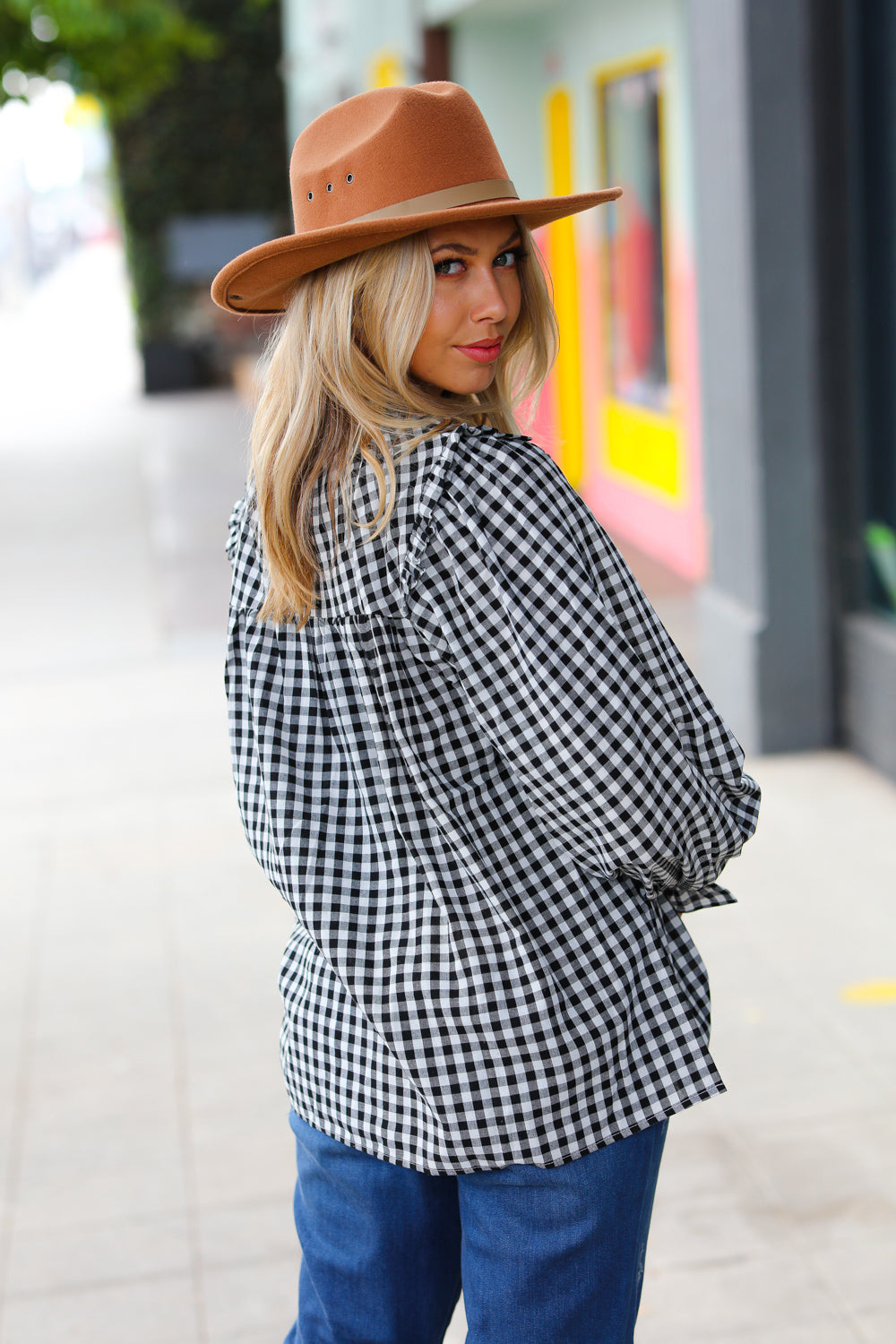 Gingham Shirred Frilled Top