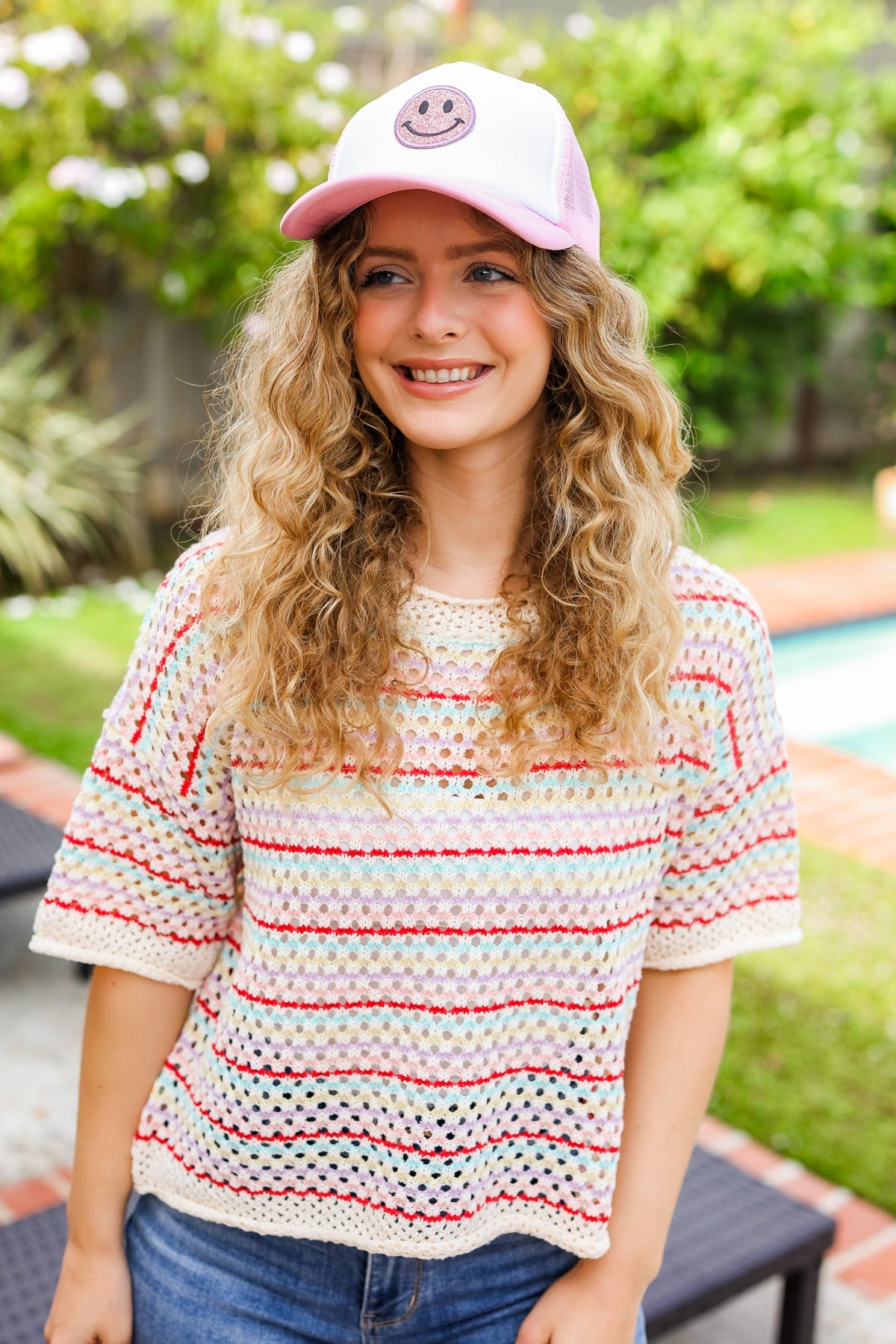 Glitter Smiley Face Mesh Trucker Hat