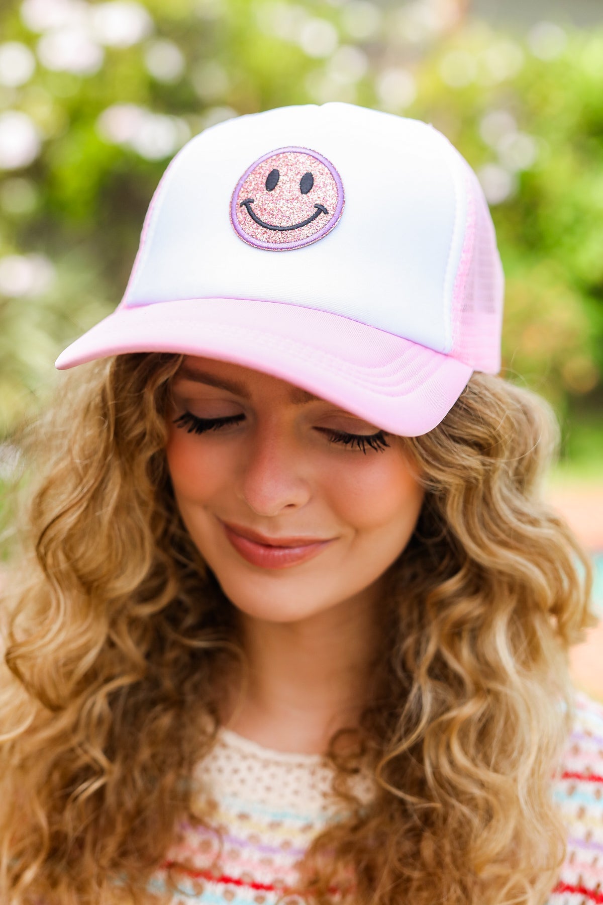 Glitter Smiley Face Mesh Trucker Hat