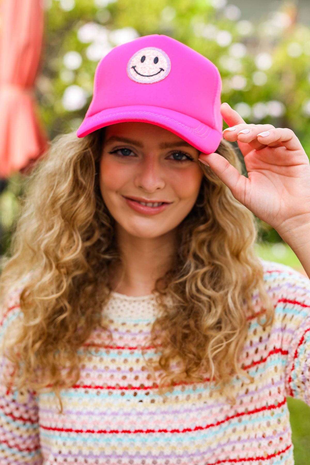 Neon Glitter Smiley Face Mesh Trucker Hat