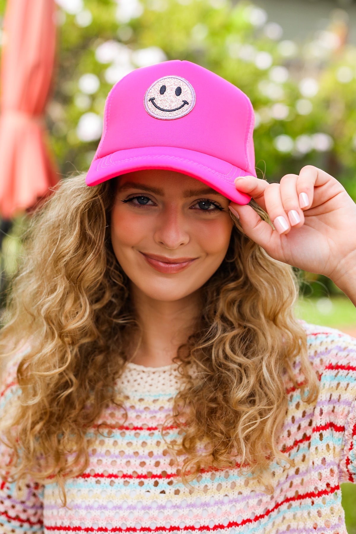 Neon Glitter Smiley Face Mesh Trucker Hat