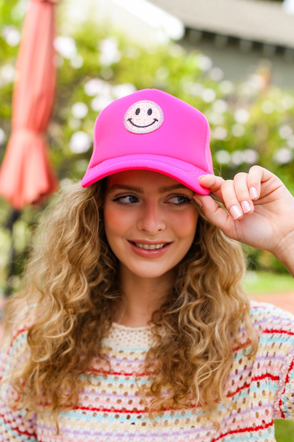 Neon Glitter Smiley Face Mesh Trucker Hat