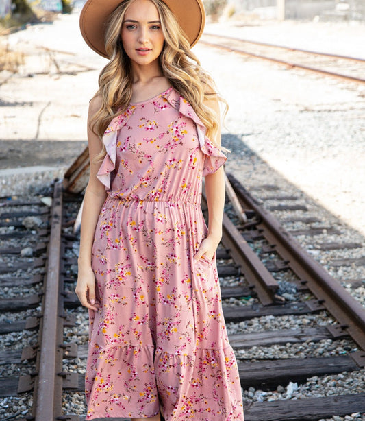 Rose Floral Halter Ruffle Midi Dress