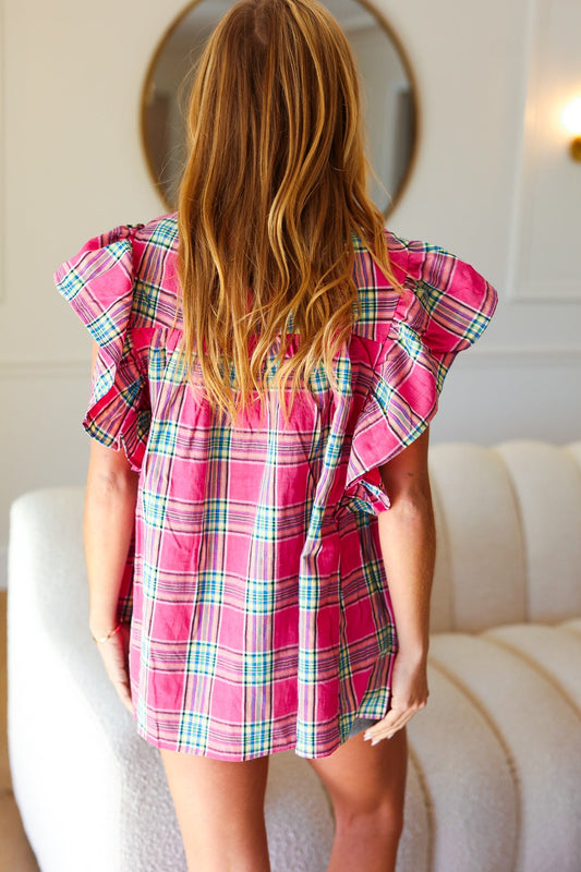 Live For Today Plaid Flutter Sleeve Top