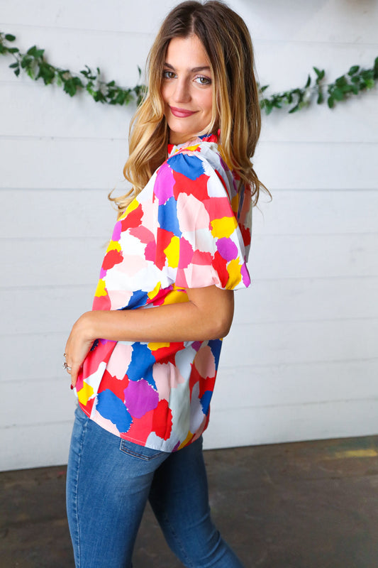 Multicolor Frilled Puff Sleeve Top