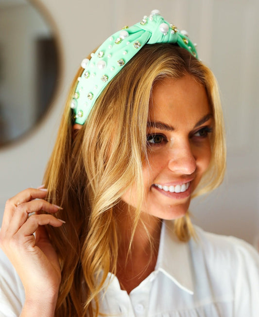 Seafoam Pearl & Jewels Top Knot Headband