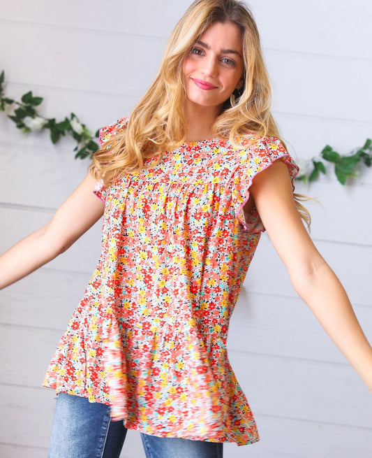 Sunset Floral Ruffle Tiered Top