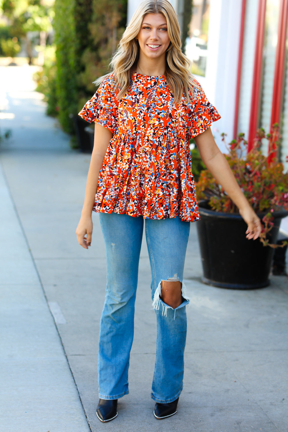 Chocolate Floral Ruffle Swing Top