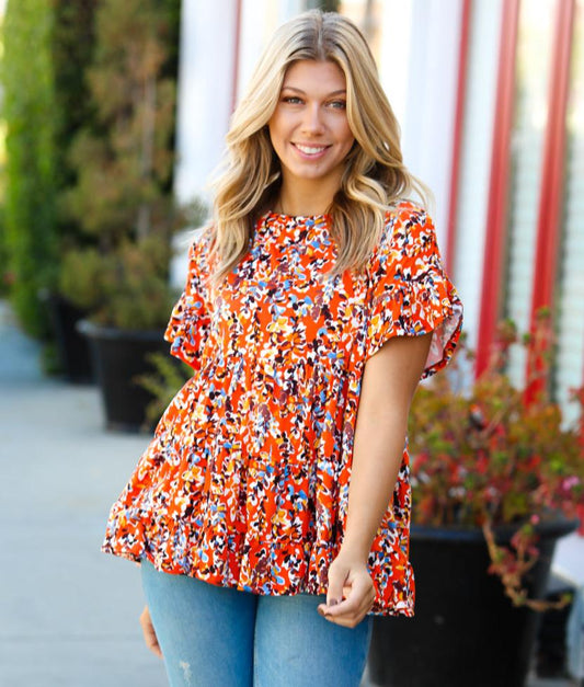 Chocolate Floral Ruffle Swing Top