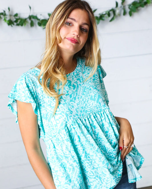 Aqua Boho Ruffle Babydoll Top