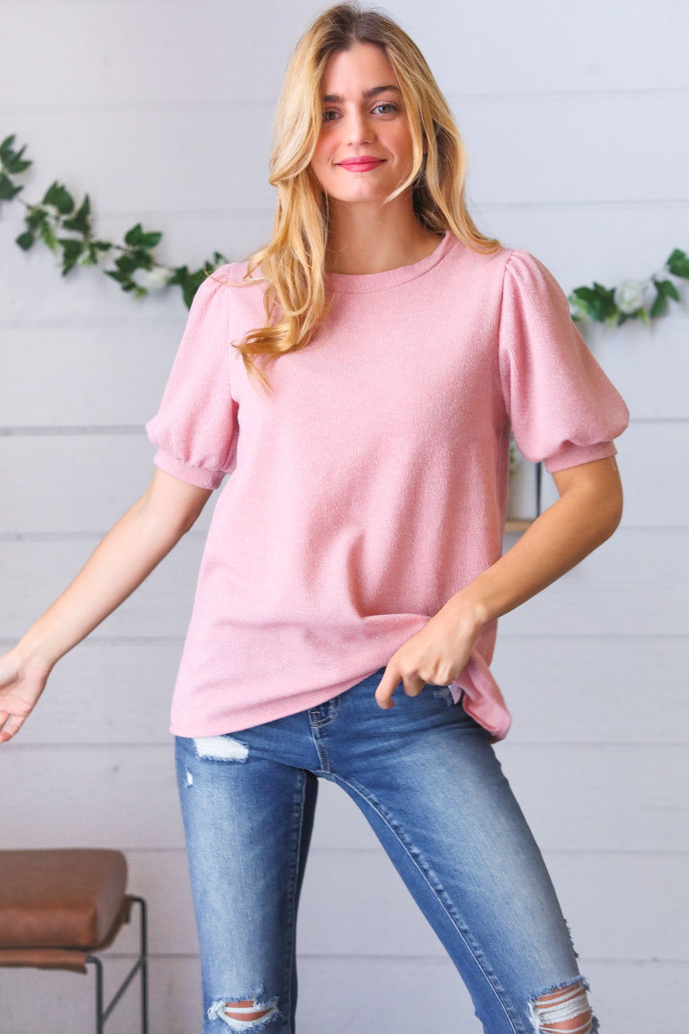 Baby Pink Puff Sleeve Sweater Top