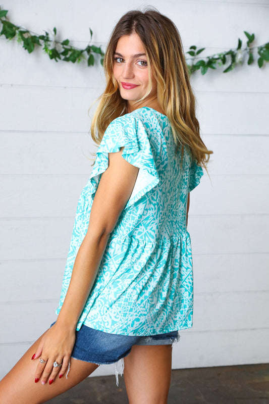 Aqua Boho Ruffle Babydoll Top