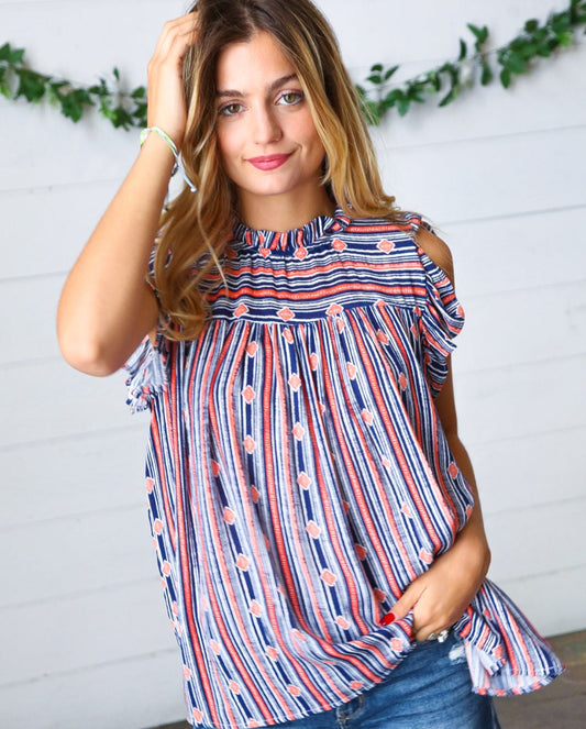 Navy Boho Stripe Flutter Sleeve Top