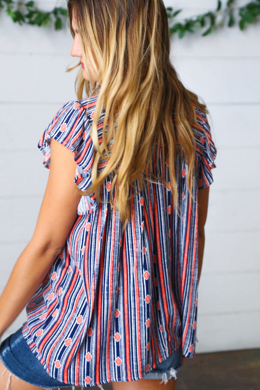 Navy Boho Stripe Flutter Sleeve Top