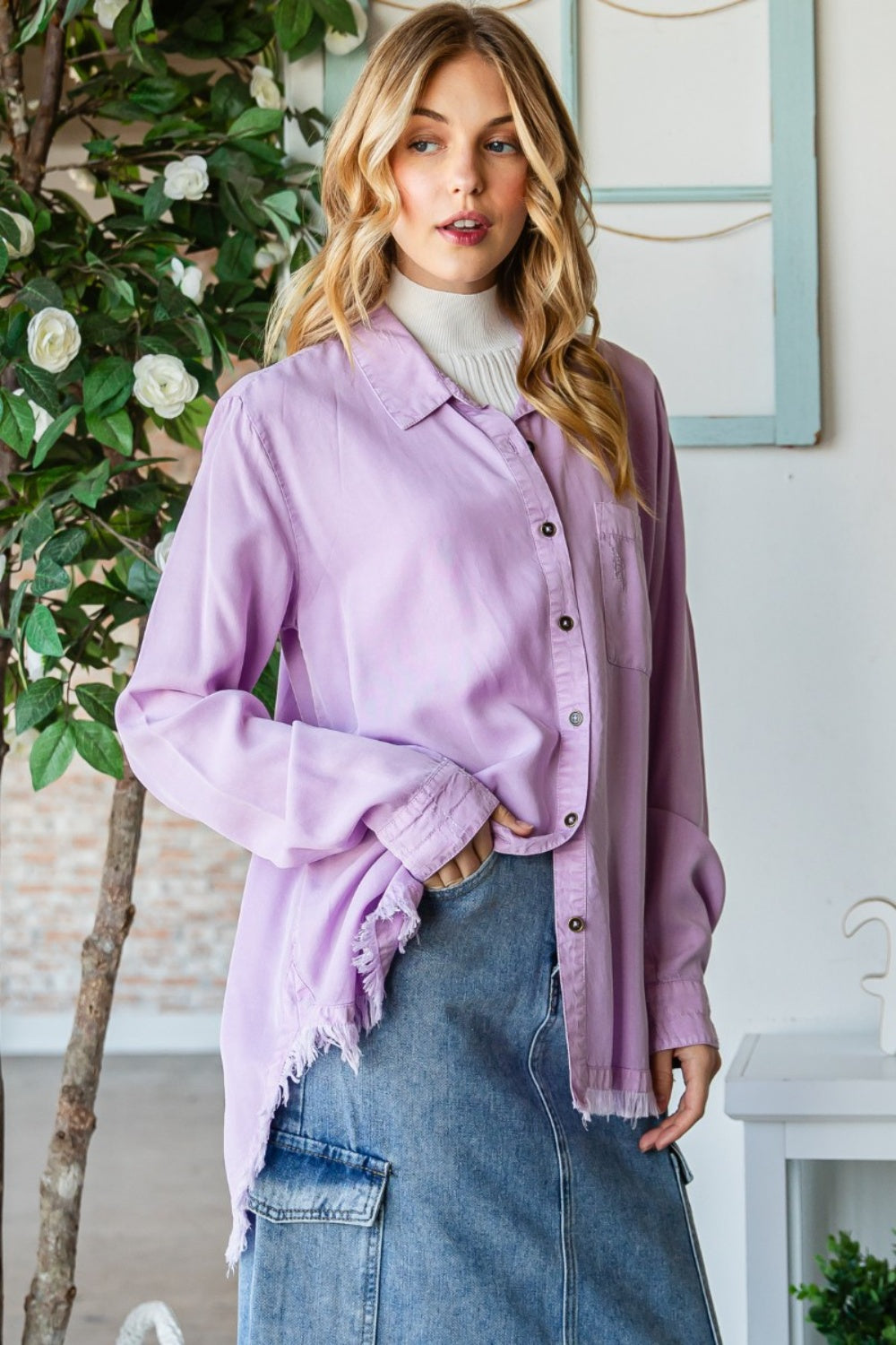 Sutton Raw Hem Button-Up Top | Veveret