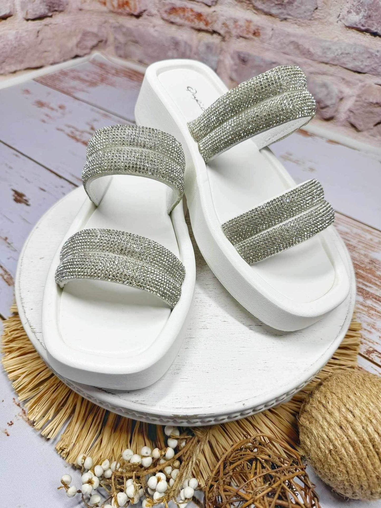 Denae Rhinestone Sandals | White