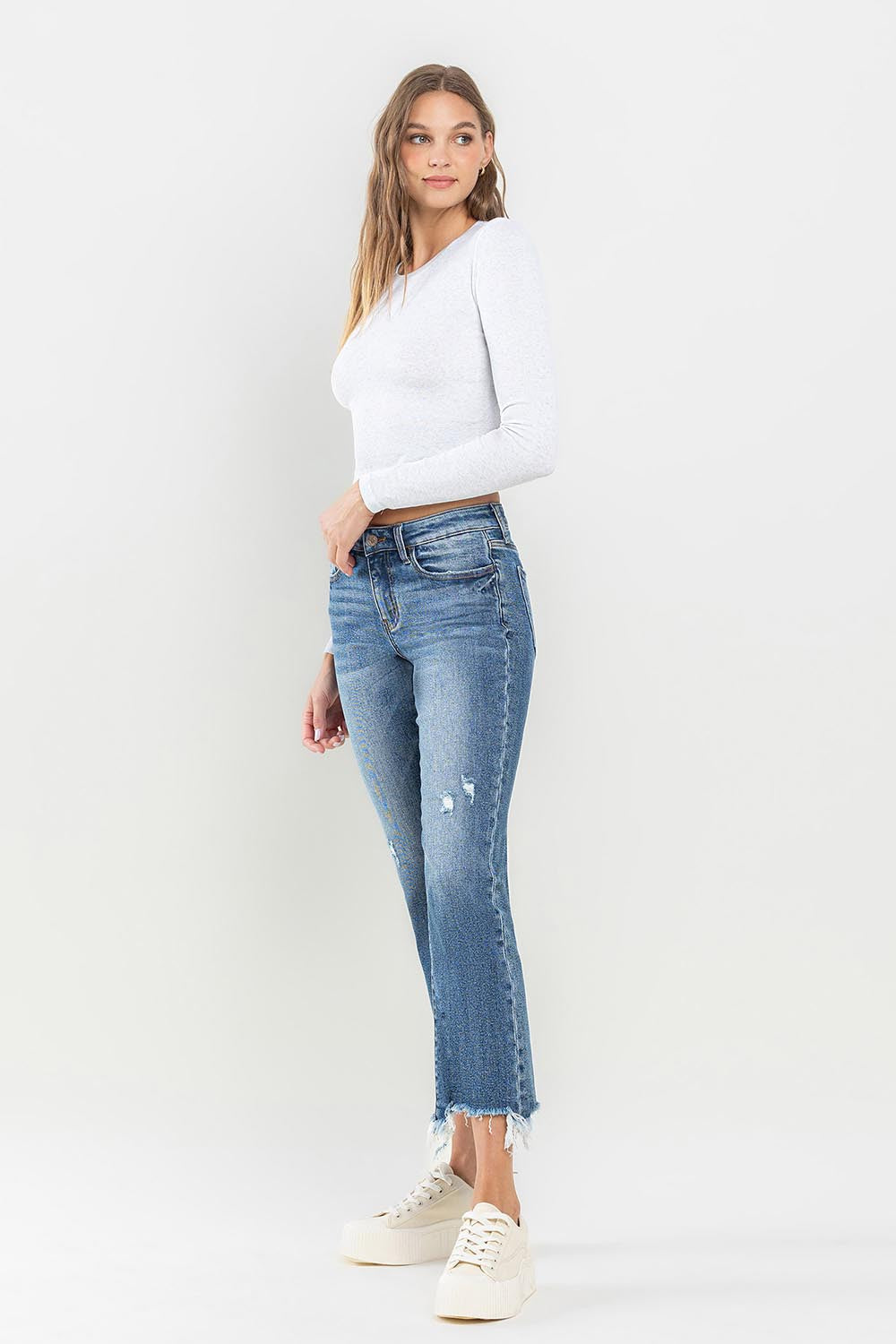 On Top Of It Mid-Rise Frayed Hem Jeans | Lovervet