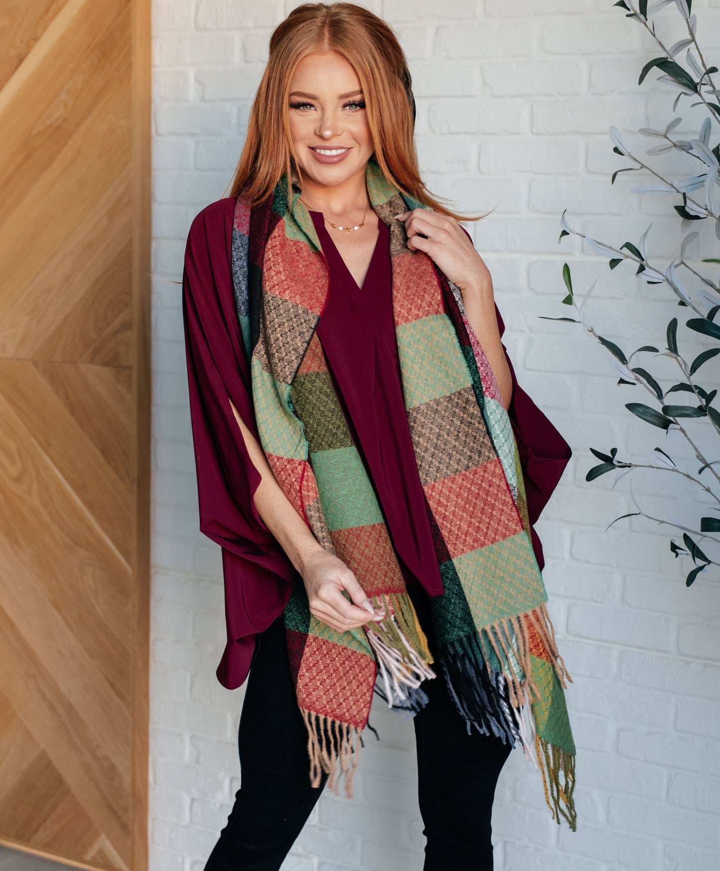 Keep Me Cozy Checkered Fringe Scarf | Berry