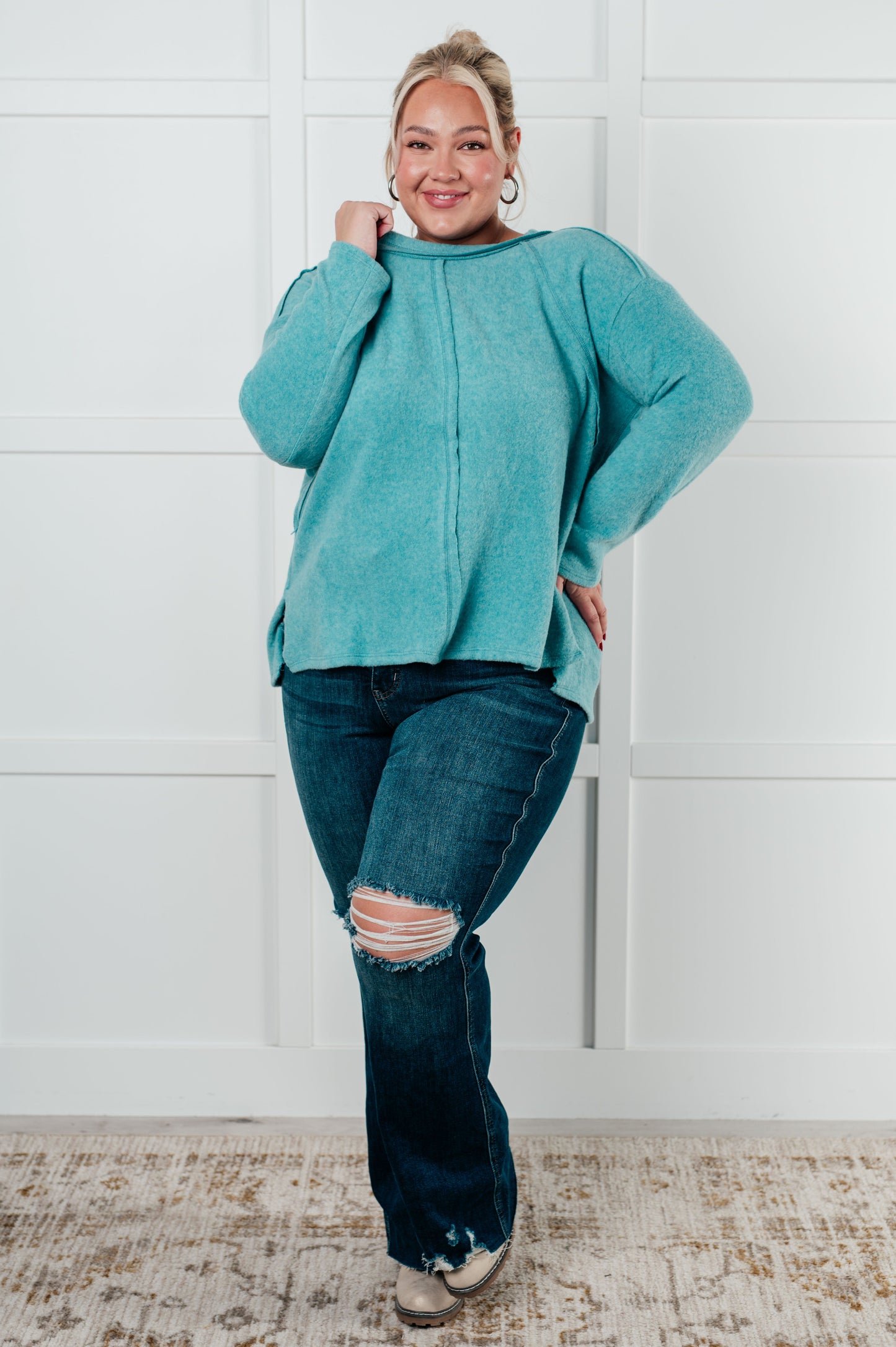 Simple Silhouette Brushed Hacci Sweater | Dusty Teal