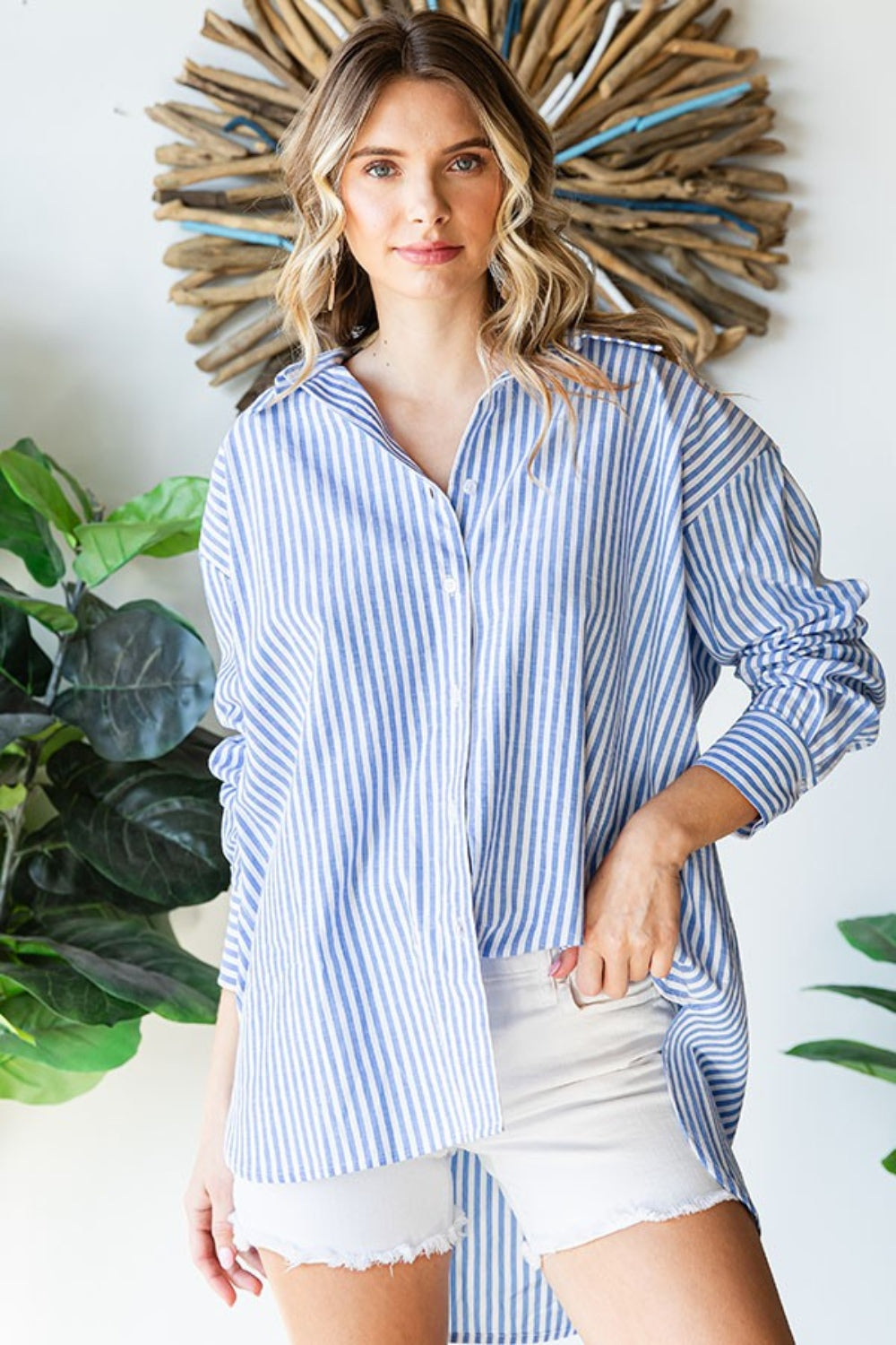 Margo Striped Button Down High-Low Top