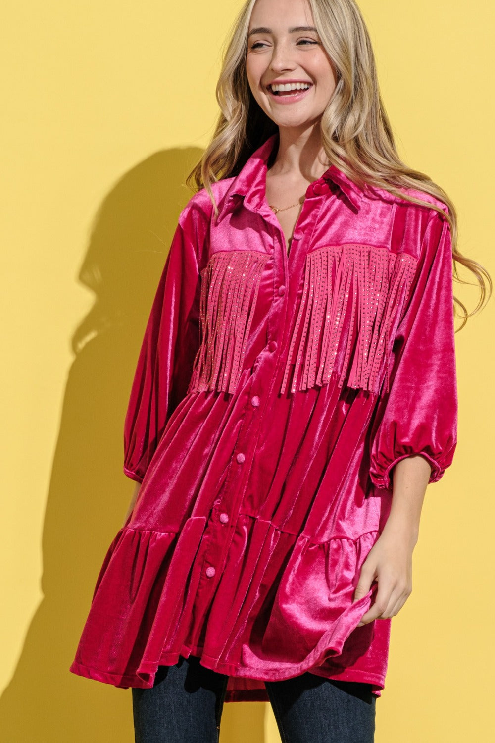 Annabelle Fringe Velvet Shirt Dress