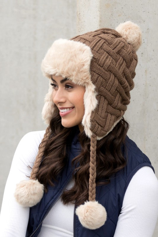 Cable Weave Pom Trapper Hat | Multiple Colors