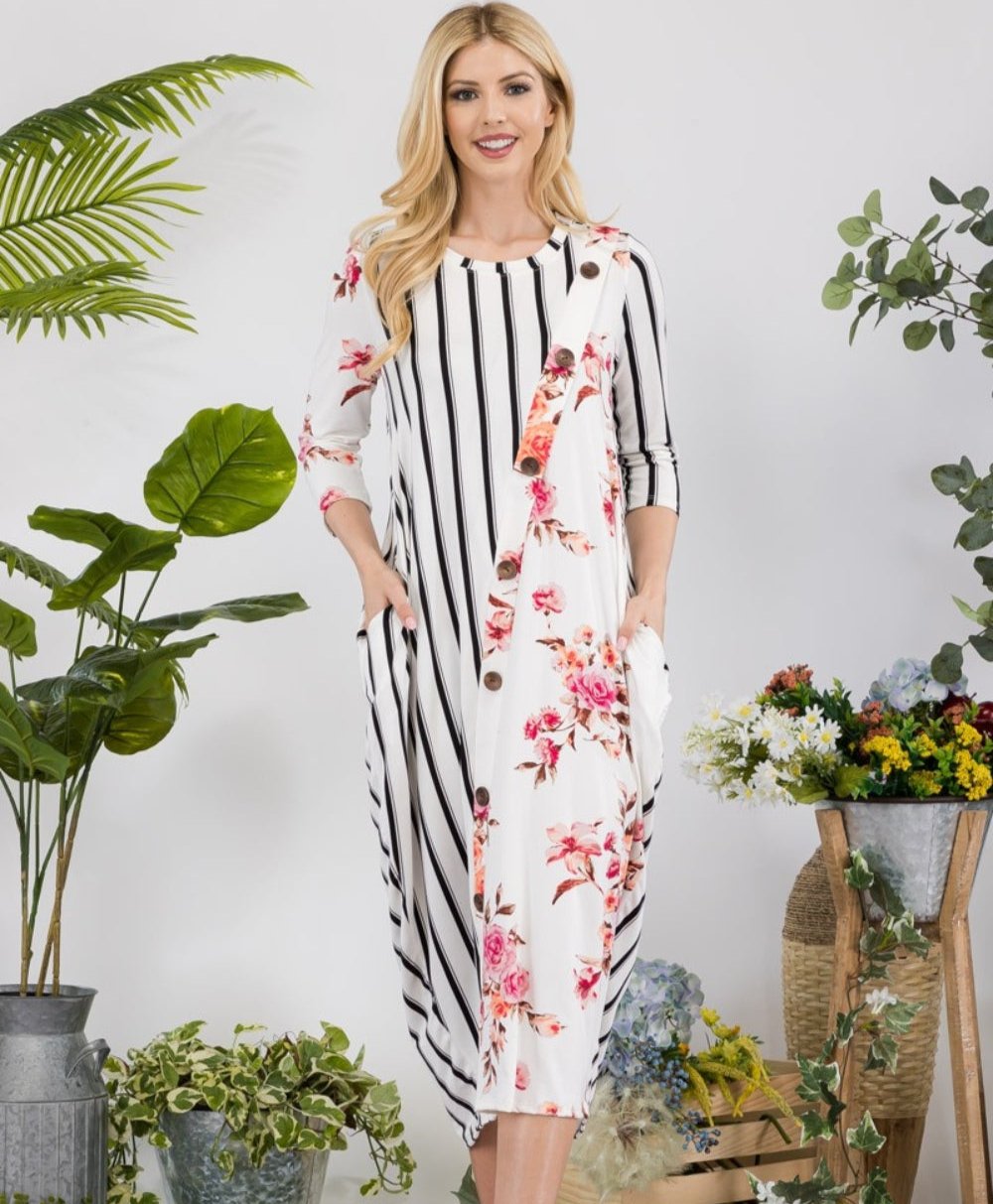 Ava Floral Striped Midi-Dress